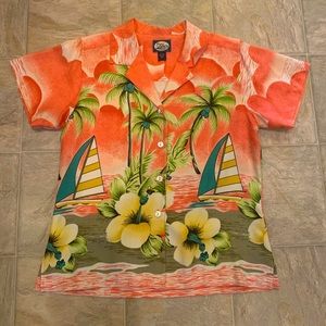 Tommy Bahama 100% Silk Mother of Pearl Button Up, Corral Coconut Trees pattern.